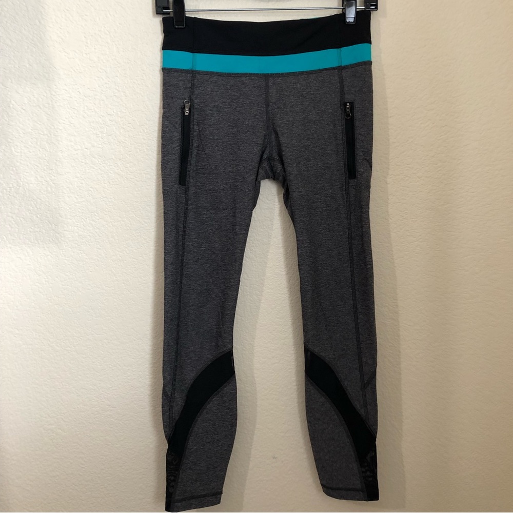 Lululemon Gray Teal Black Mesh Athleisure Leggings Zip Pockets